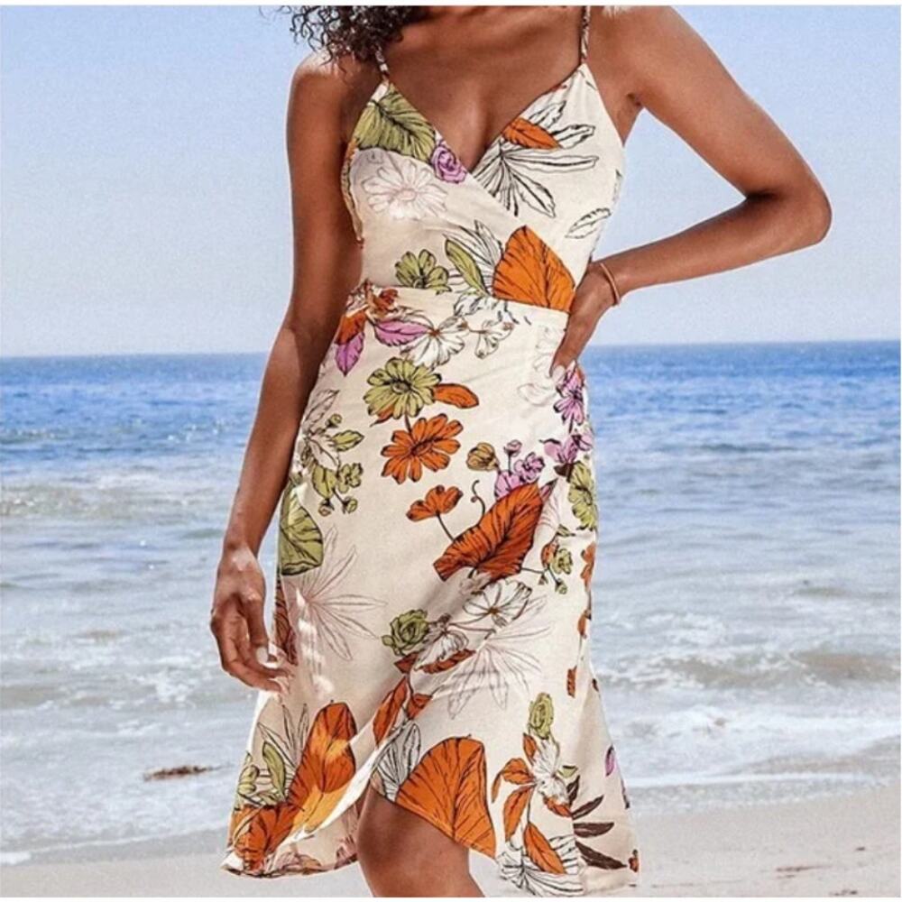 Cupshe Cream Floral Slip Mini Dress with Orange & Green Accents